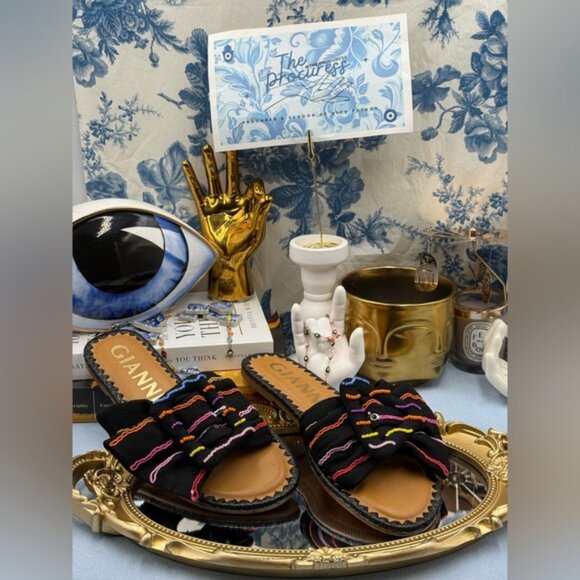 🆕 GIANNI BINI 🧿 NWOB JaxsonTwo Black & Rainbow Striped Linen Slide Sandal, Sz6 - Picture 2 of 15